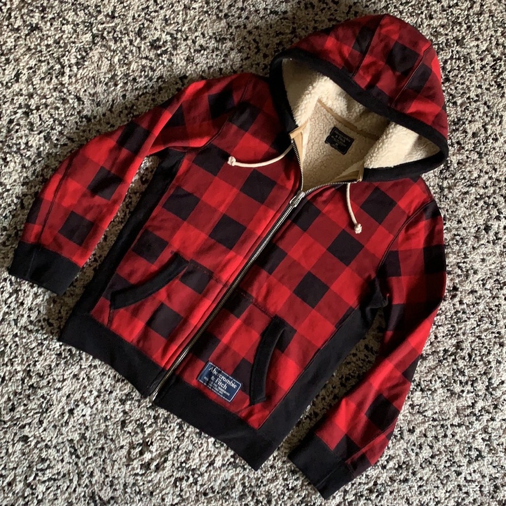Abercrombie & Fitch Men’s Sherpa Full Zip Red Black Buffalo Plaid Hoodie Size XS - Picture 4 of 9
